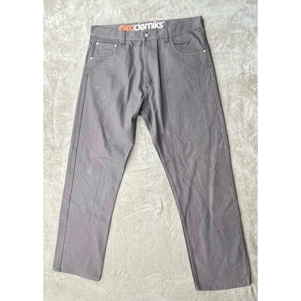 GUC Akademiks Men Gray Straight Leg Jeans Red Embroidered Streetwear Pants 40x32